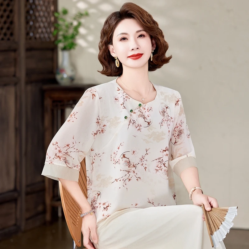 新中式妈妈夏装中袖碎花雪纺衬衫中老年女士夏季洋气国风显瘦上衣