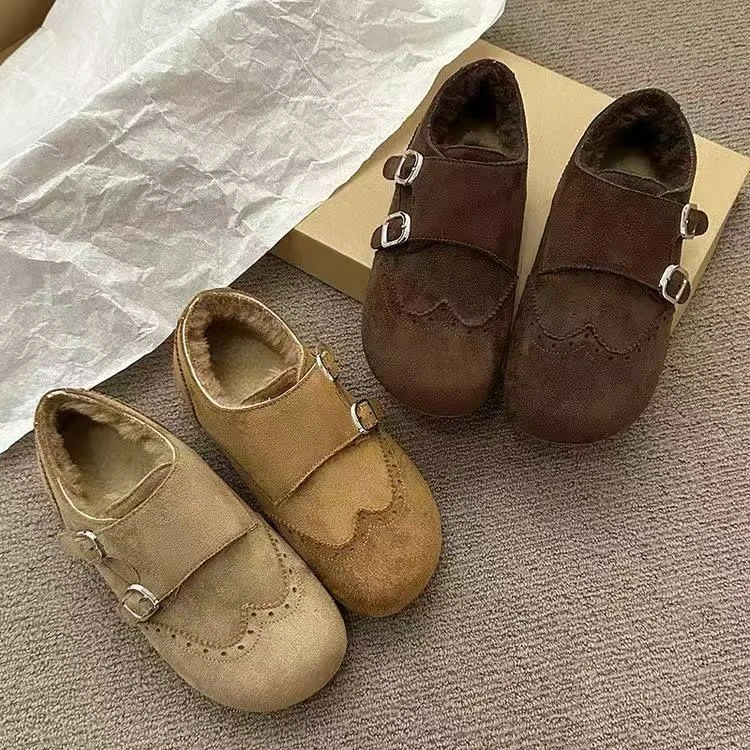 复古风磨砂双扣带+爱心鞋头，柔暖加绒好穿不冻脚舒适的棉鞋2552