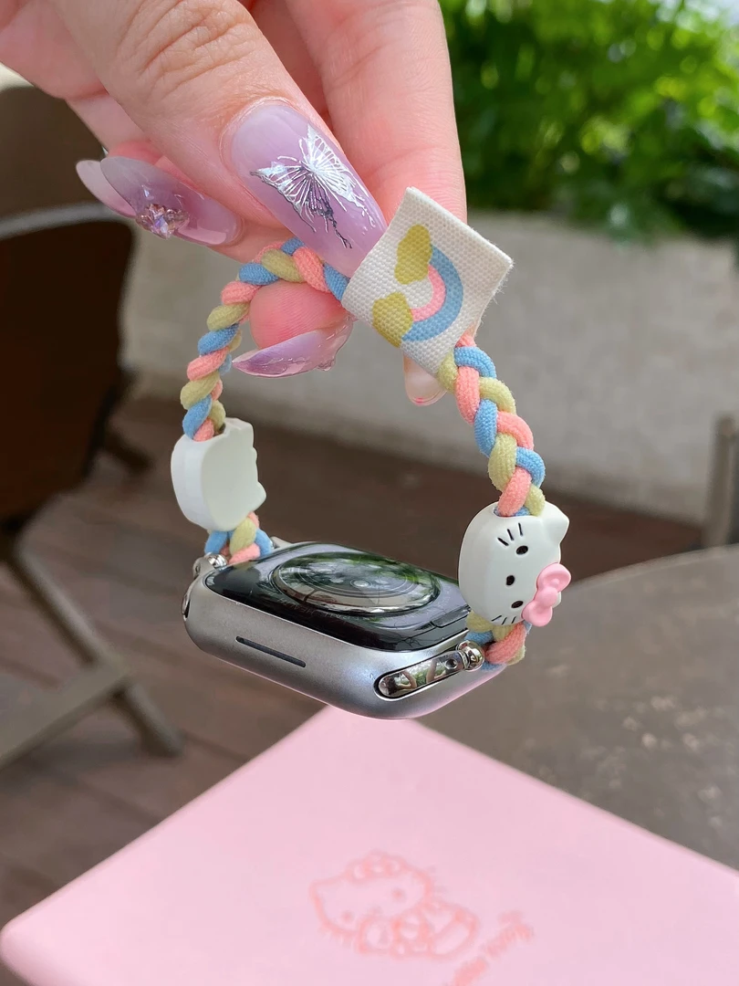 适用苹果手表s10代iwatch987654se2小清新编织弹力绳表带小米9pro
