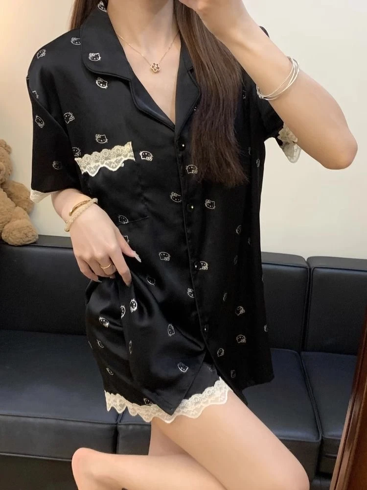 【D】夏季高级定制新款冰丝短袖睡衣女薄款可外穿家居服~