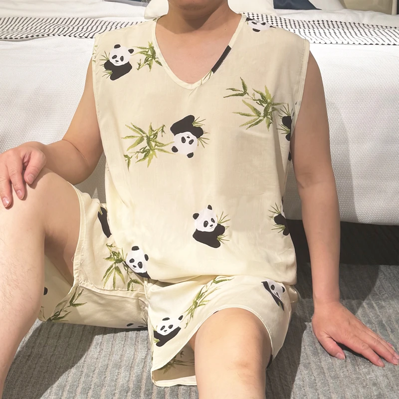 男士夏季无袖短裤家居服男生人造棉短袖青少年棉绸薄款加大码睡衣