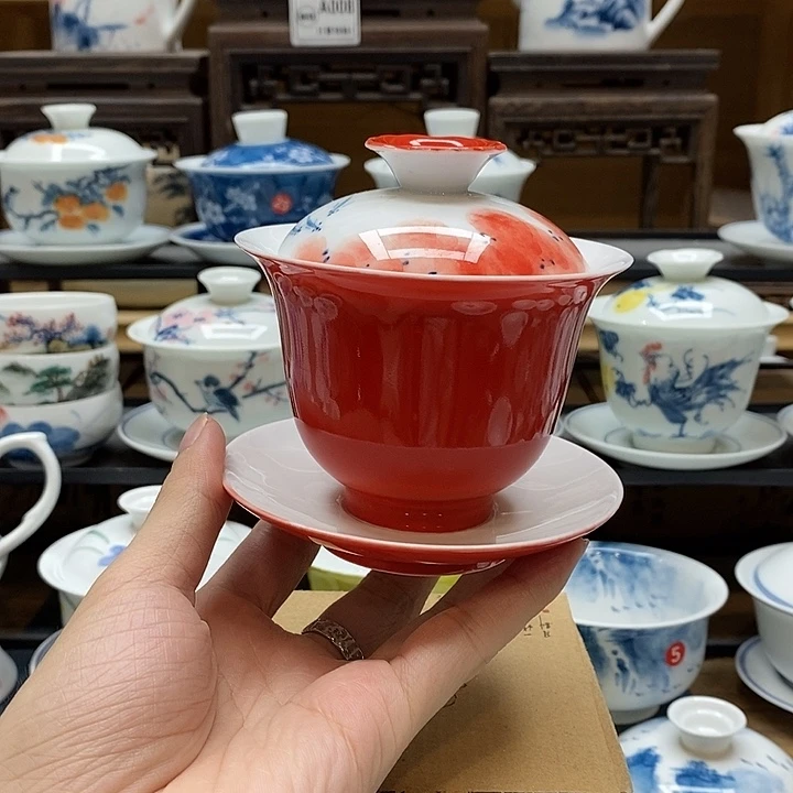 手绘龙船花160cc三才盖碗釉下彩微瑕福利款