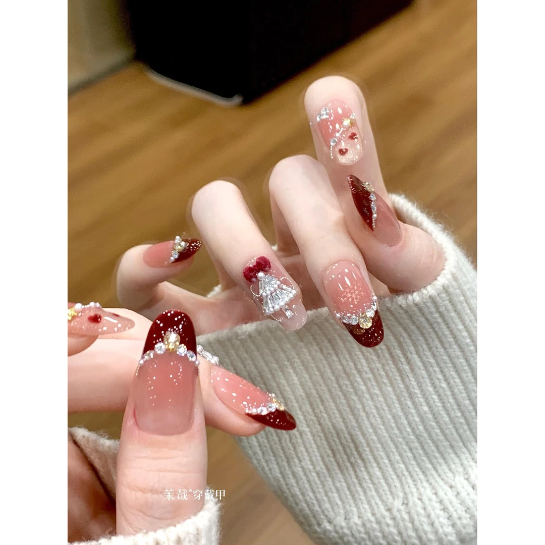 茉哉【丝绒圣诞】纯手工定制美甲拆卸穿戴甲A5185