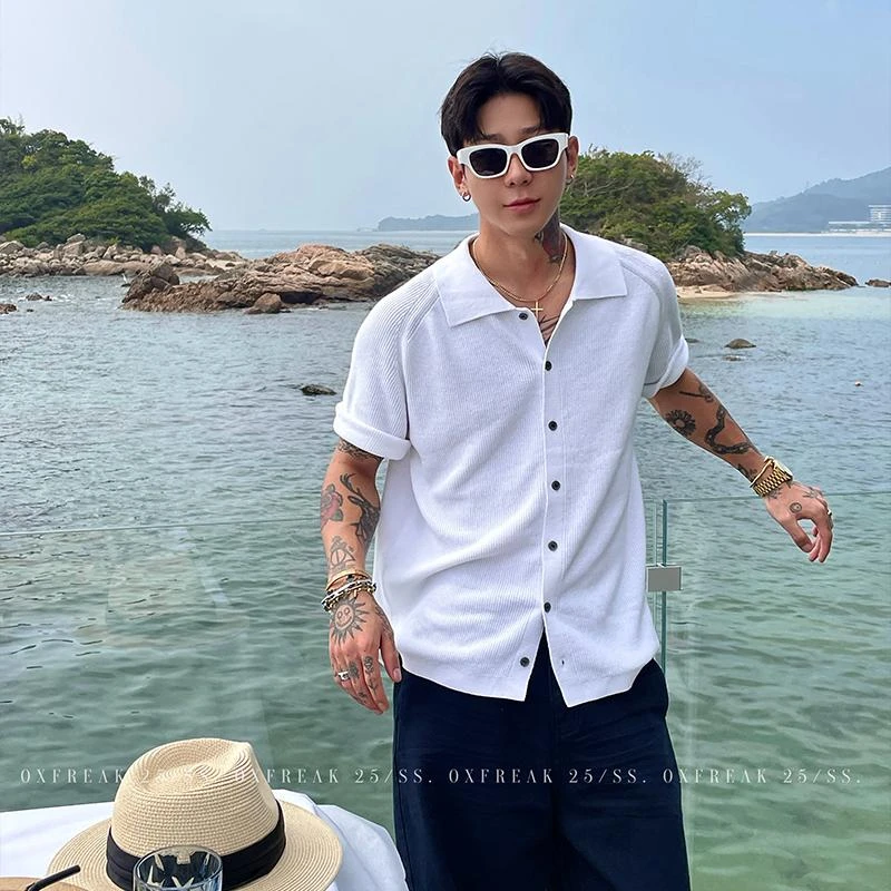 【龟龟专属】OXFREAK 「老钱风 轻奢肌理感」弹性针织衬衫男短袖夏季