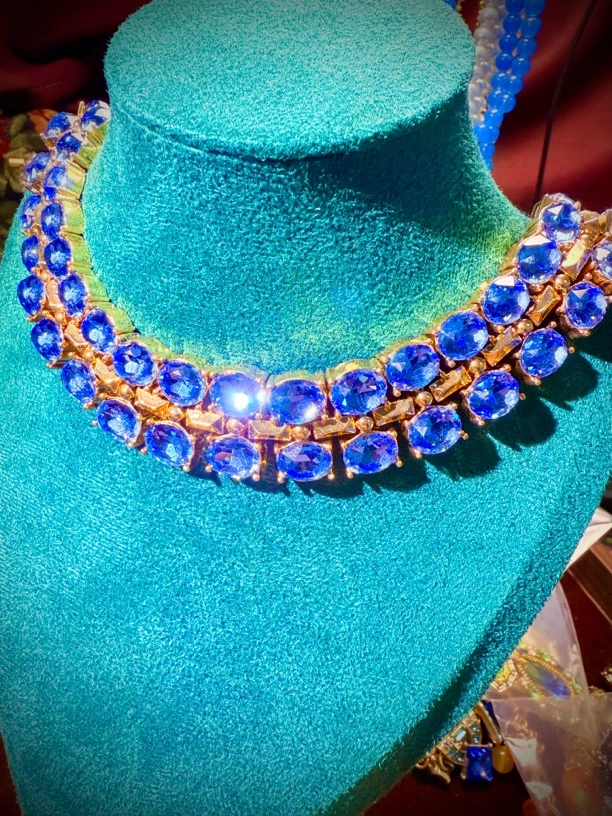 铜合金锆石项链 Vintage中古蓝色双排珠宝款项链