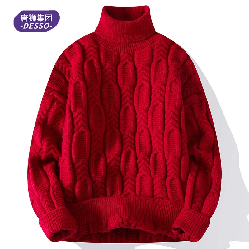 唐狮集团DESSO秋冬季红色新年毛衣加厚保暖高领男内搭麻花针织衫