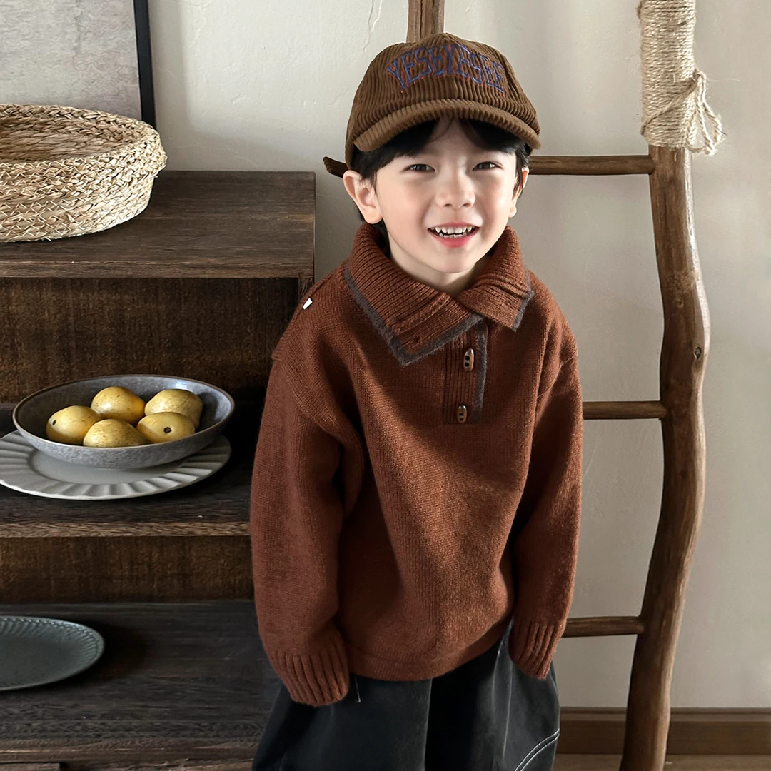 暮晨家新款冬装2025男女童加厚毛线polo衫中小童森系复古毛衣内搭