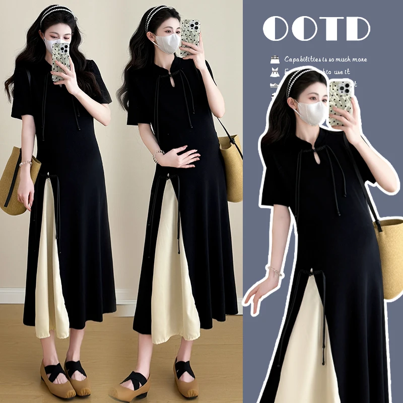 新中式夏季新款设计感针织孕妇装女洋气时髦产后可哺乳开叉连衣裙