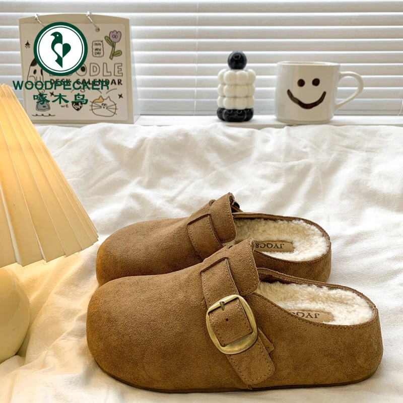 啄木鸟包头半拖鞋女外穿2025新款秋冬复古毛毛拖加绒增高勃肯拖鞋