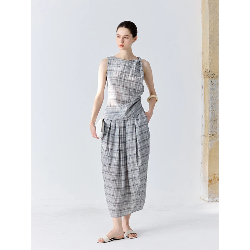 CHALAMON夏拉蒙 肌理感莱赛尔清爽高智感格纹扭结花苞上衣裤套装