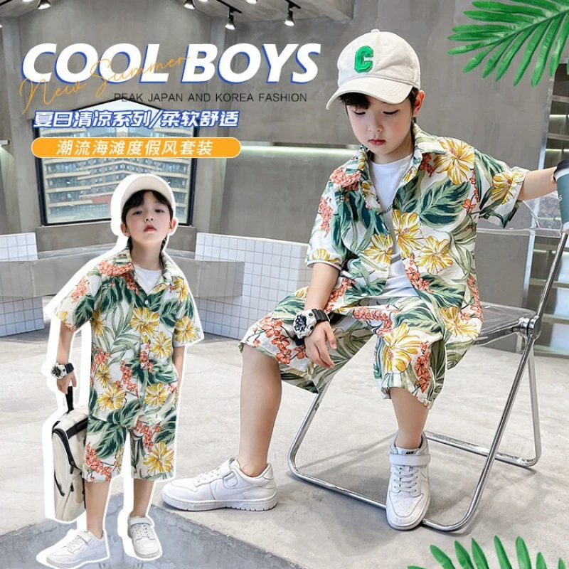 男童套装夏威夷花衬衫沙滩度假洋气宝宝套装痞帅衬衣儿童三亚岛服