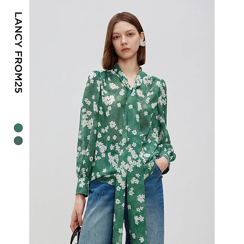 【粉丝专享】朗姿法式碎花飘带领衬衫春高级感通勤设计感打底欧若风