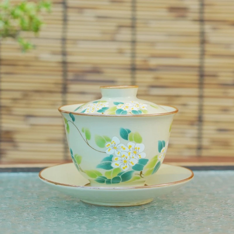 岑汝山茶花三才盖碗110毫升开片