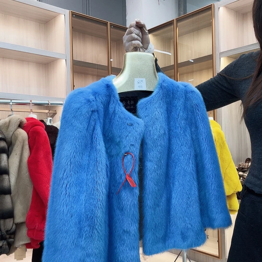 蓝色圆领貂皮yh0190