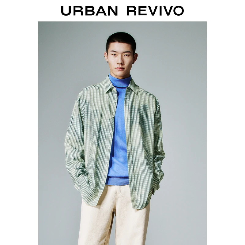 UR2025春季新款男装时尚撞色格纹翻领长袖开襟衬衫UMF250020