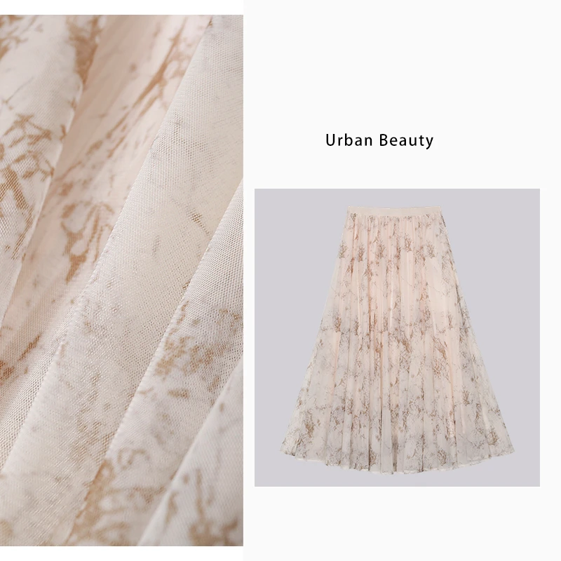 印花网纱半身裙高腰休闲百搭显瘦气质时尚夏季复古中长款DF2275