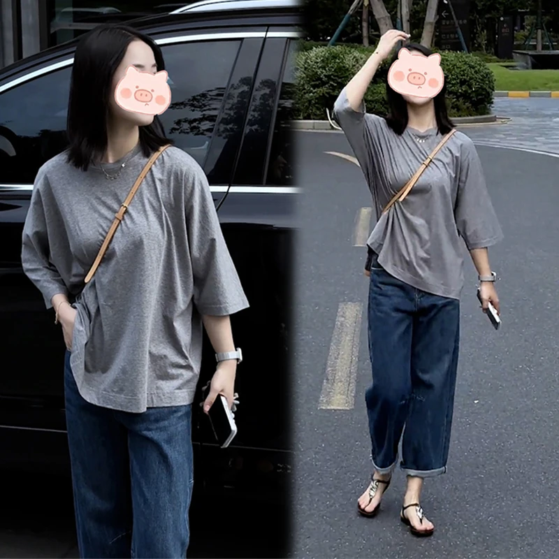 套装女2025新款夏季慵懒风宽松简约短袖T恤气质显瘦高腰牛仔裤潮