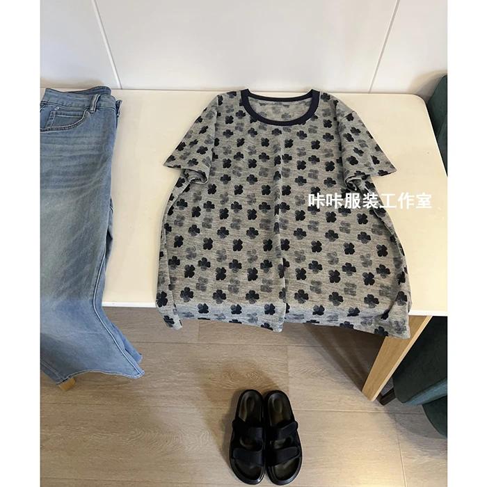 REKAYYAT”四叶草“2025夏季新款韩系显瘦百搭圆领短袖T恤上衣