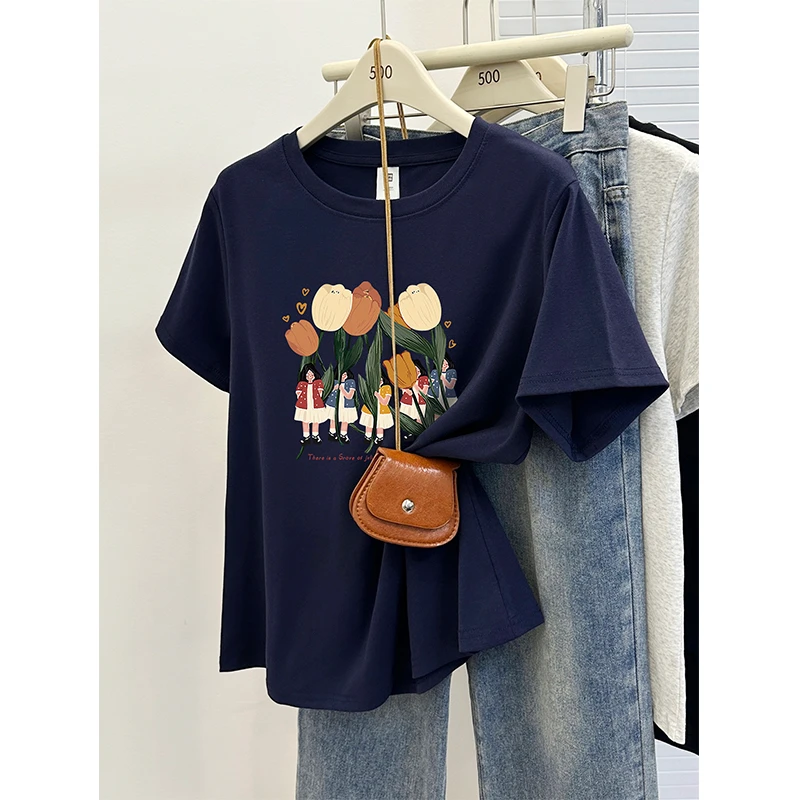 正肩短袖t恤女夏季2025新款韩版时尚大码女装胖mm显瘦款上衣