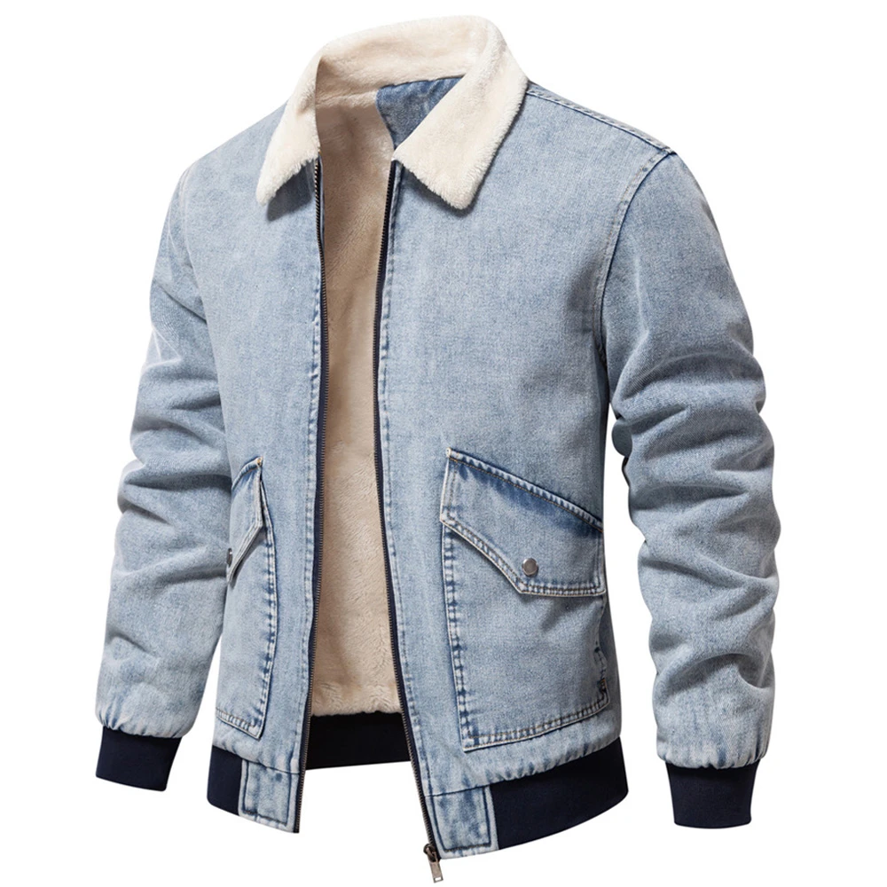 SIBONEULAT希敦纽勒复古做旧冬季男款羊羔毛加绒加厚男士牛仔外套