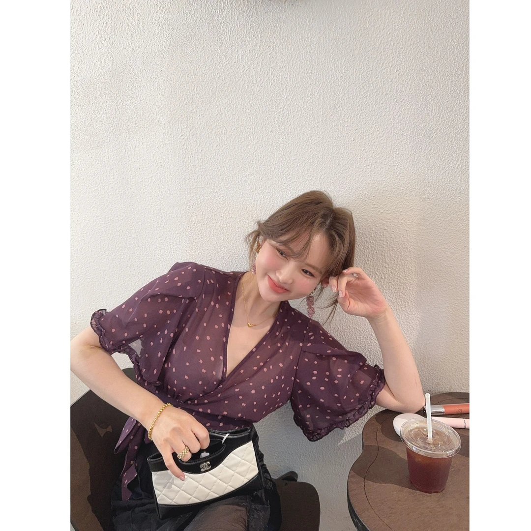 智英欧尼【紫衬衫波点雪纺系绳飞飞袖短款显瘦千金清冷感贵系衣服】