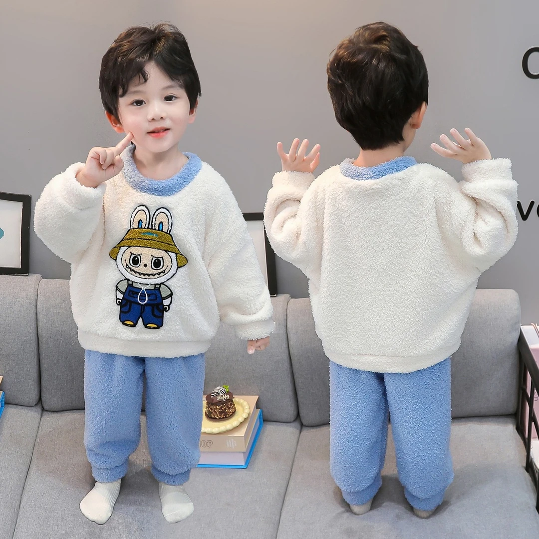 儿童睡衣男童秋冬季加厚男宝宝卡通分体套装冬款男孩法兰绒家居服