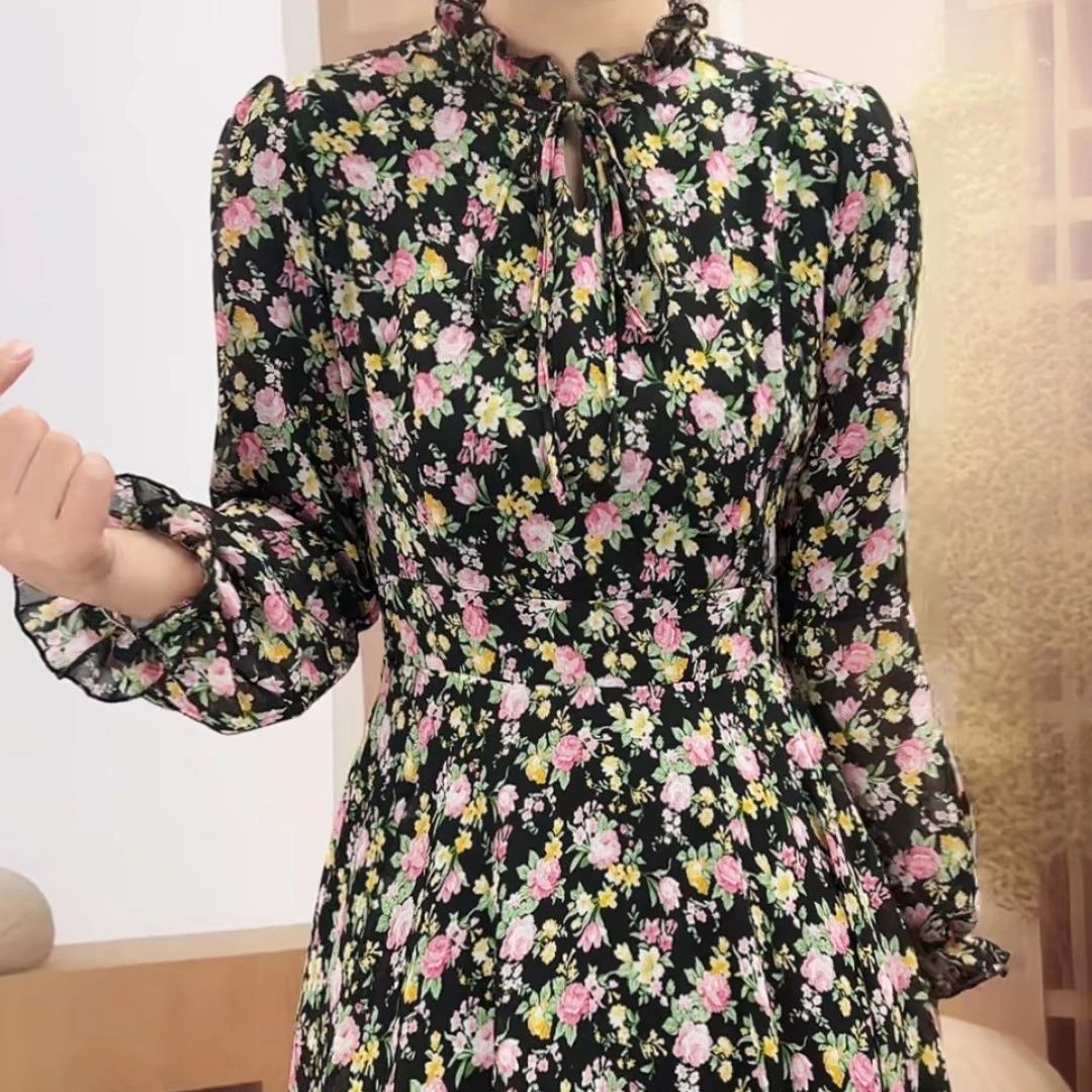 法式长款收腰裙子拉链时尚连衣裙显瘦高腰印花X593-26