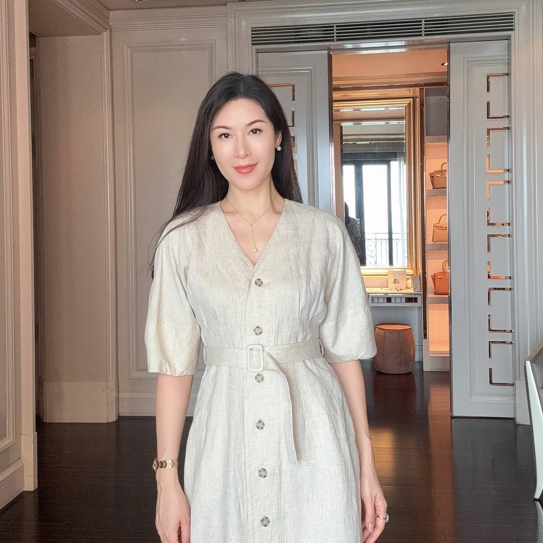 【夏玉】法式软亚麻V领时尚收腰连衣裙CD2168025