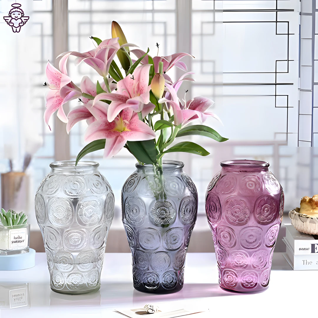法式森系浮雕通透银莲网红中式玻璃花瓶透明鲜花水培插花客厅摆件