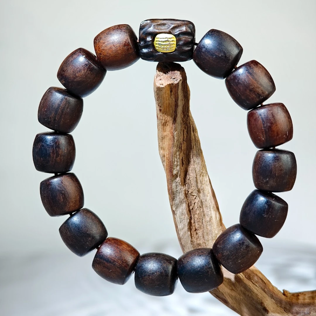 【 炎轩文趣斋】古苏夷带一点黄色木质桶珠手串（不带礼盒）