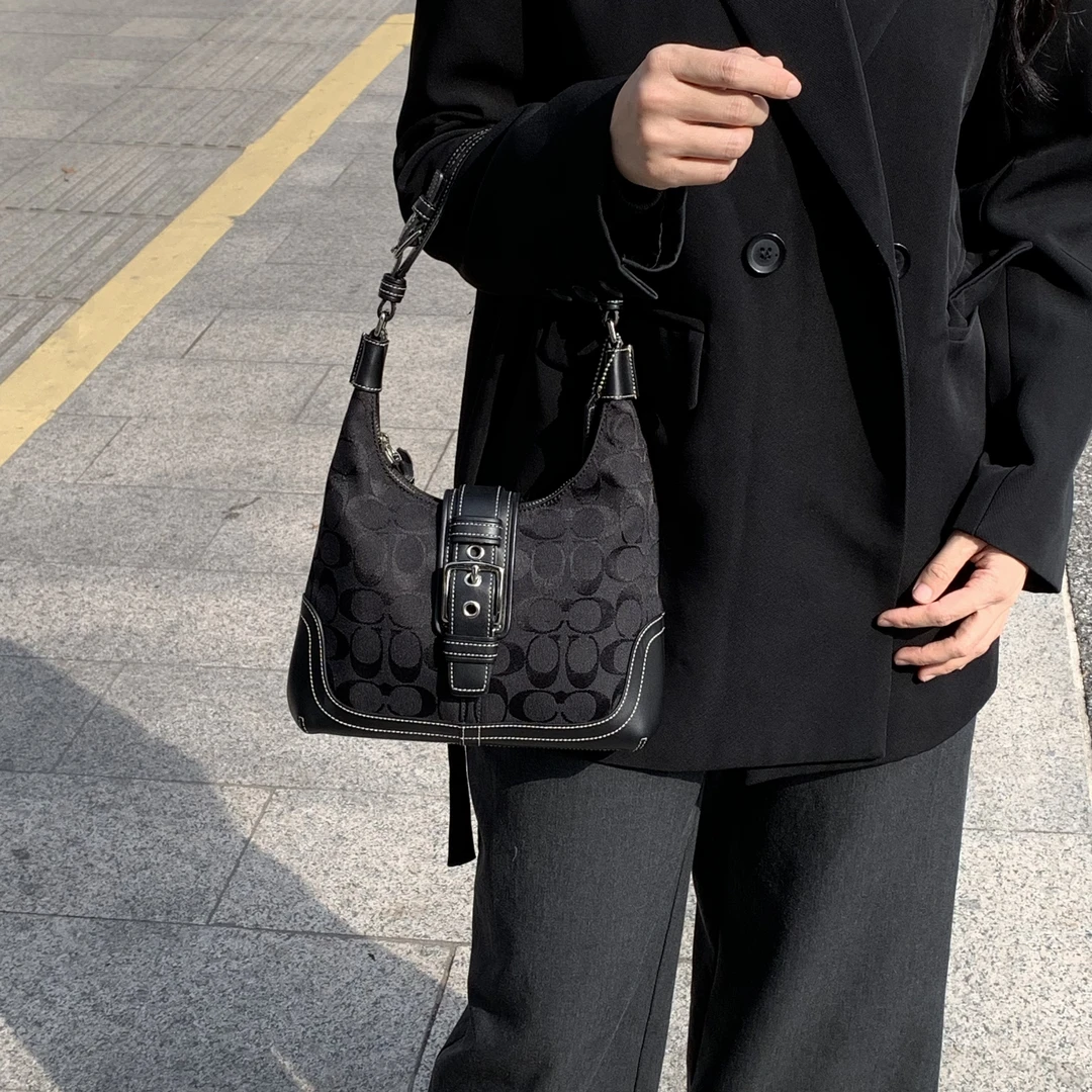99新 COACH/蔻驰 Coach黑色老花帆布拼皮Jackie单肩腋下包
