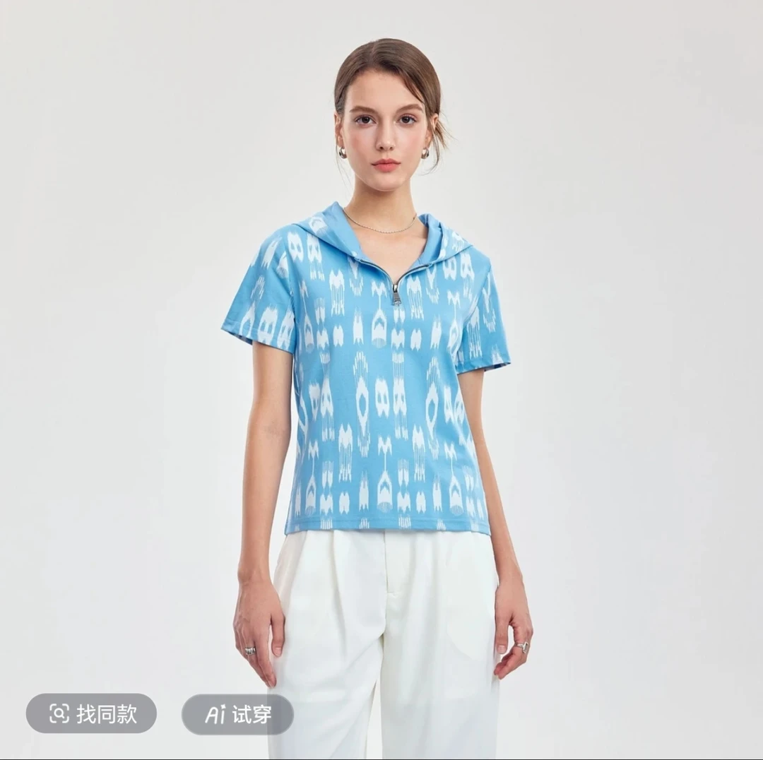 BH-BLACK艾特莱斯连帽夏季短袖修身女款上衣满印百搭T