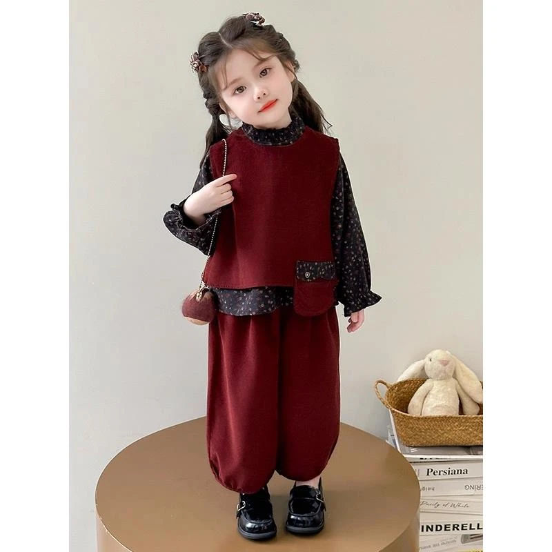 春秋季新款洋气女童2025森系碎花马甲衬衣套装儿童女宝宝秋装外穿