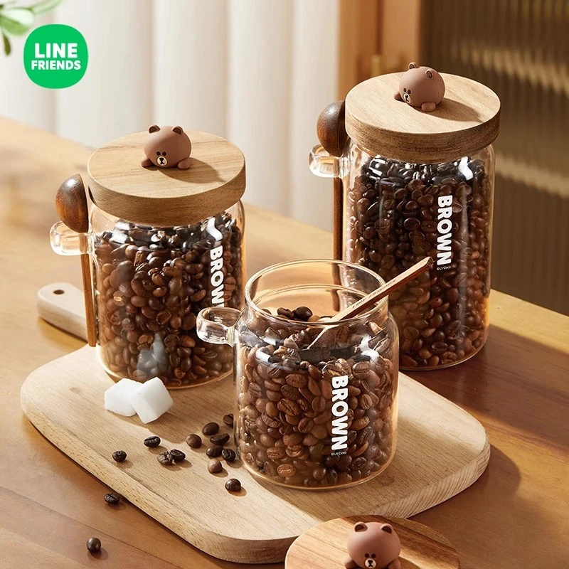 LF【密封罐】咖啡豆保存罐玻璃带勺布朗熊收纳盒咖啡粉茶叶储存罐