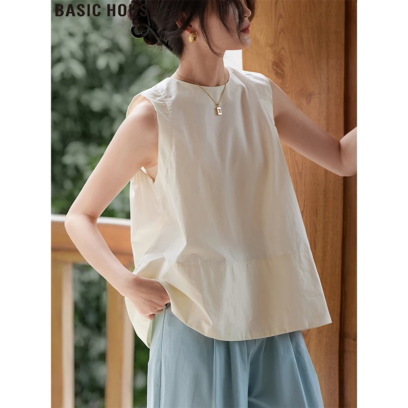 Basic House/百家好设计感圆领无袖衬衫女士夏季坎肩背心2025新款