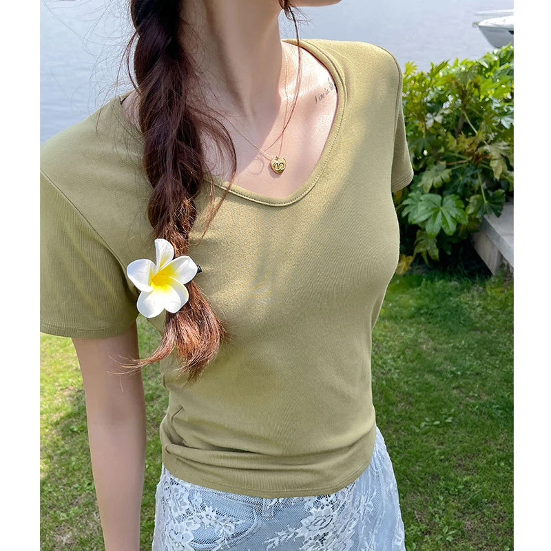 春夏正肩t恤女v领莫代尔显瘦修身小众短袖百搭上衣纯色短款薄款