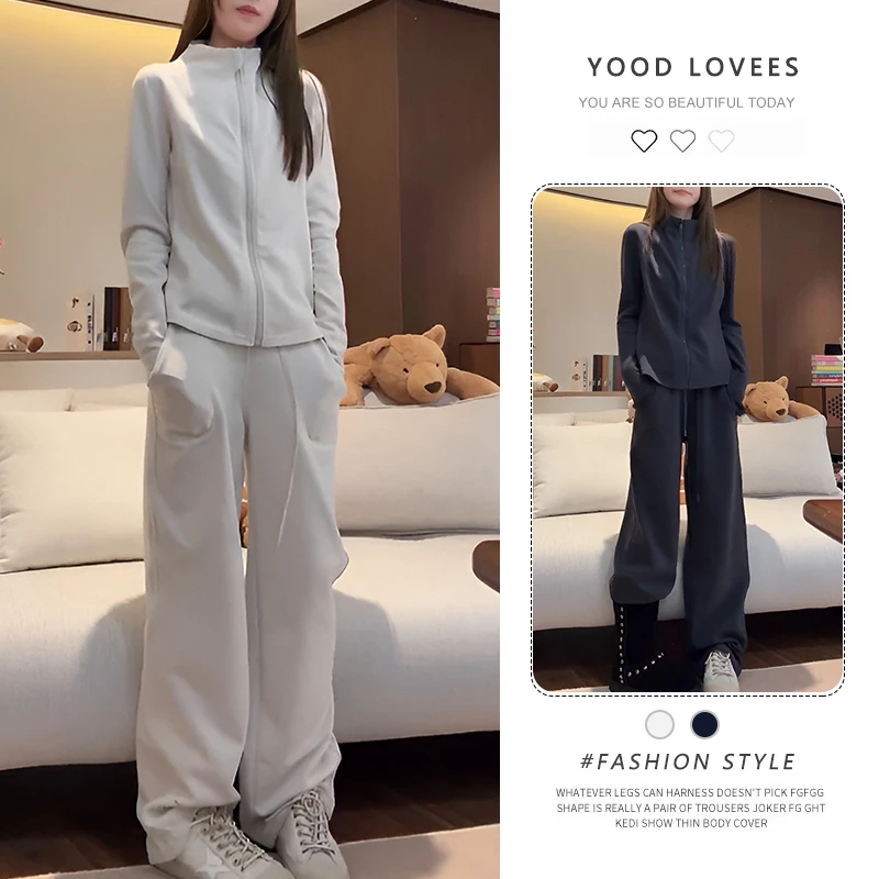 高级感时尚2025新款设计感长袖立领拉链外套女松紧腰阔腿裤两件套