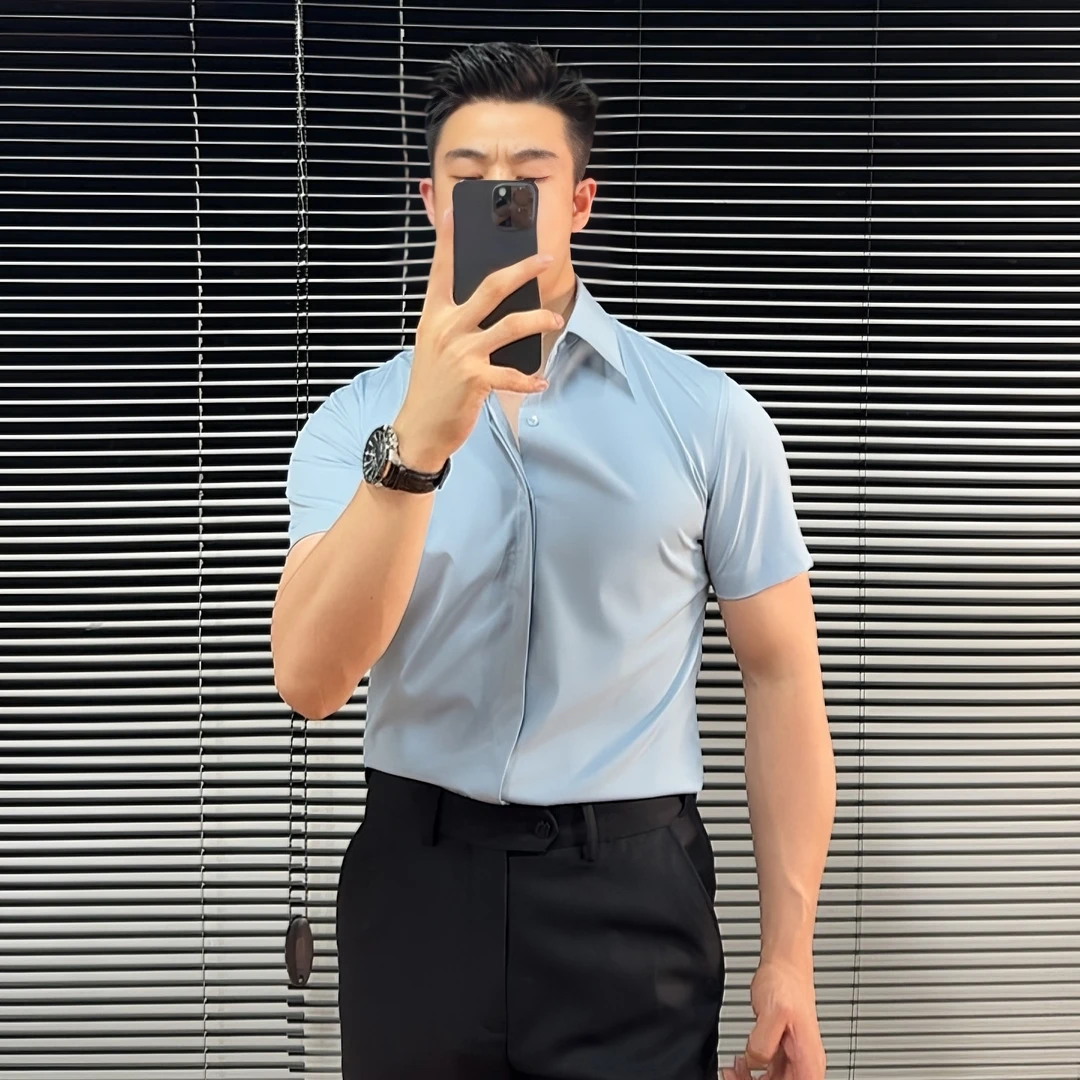 夏季薄款垂感弹力短袖衬衫男商务休闲衬衣暗门襟潮流修身纯色夏装