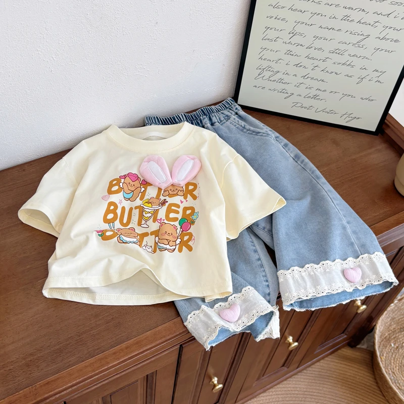 K277女童夏季新款时尚洋气立体兔耳朵短袖女宝宝休闲时尚夏季品质