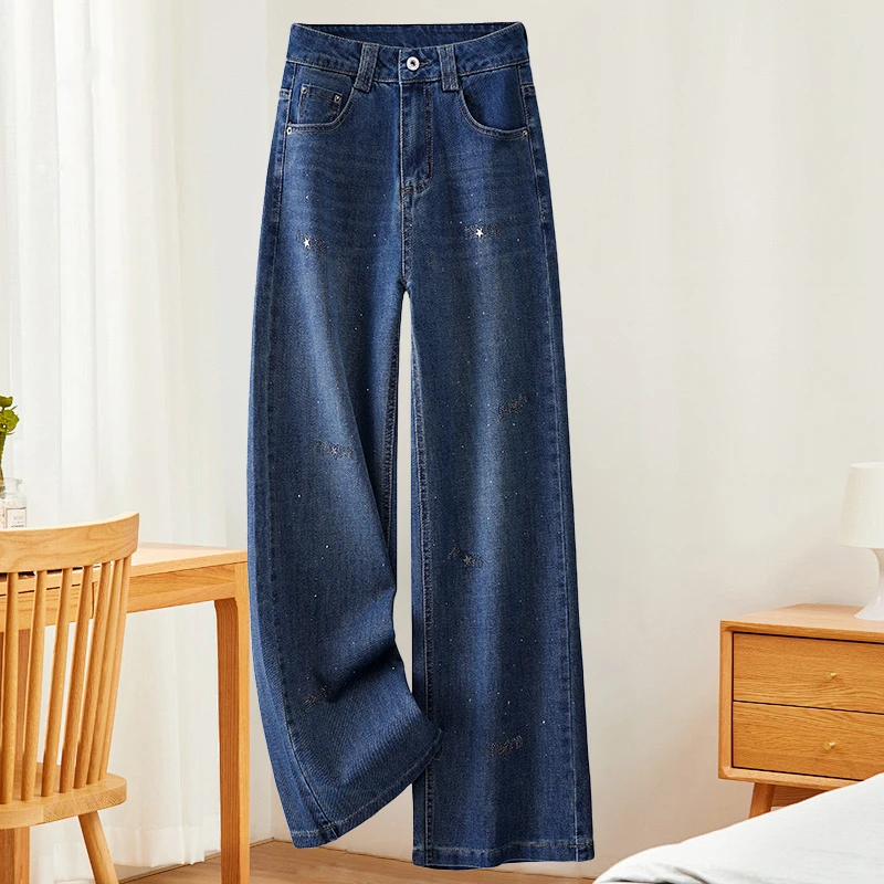 烫钻窄版阔腿牛仔裤女秋季2025新款高腰宽松显瘦垂感休闲直筒裤子