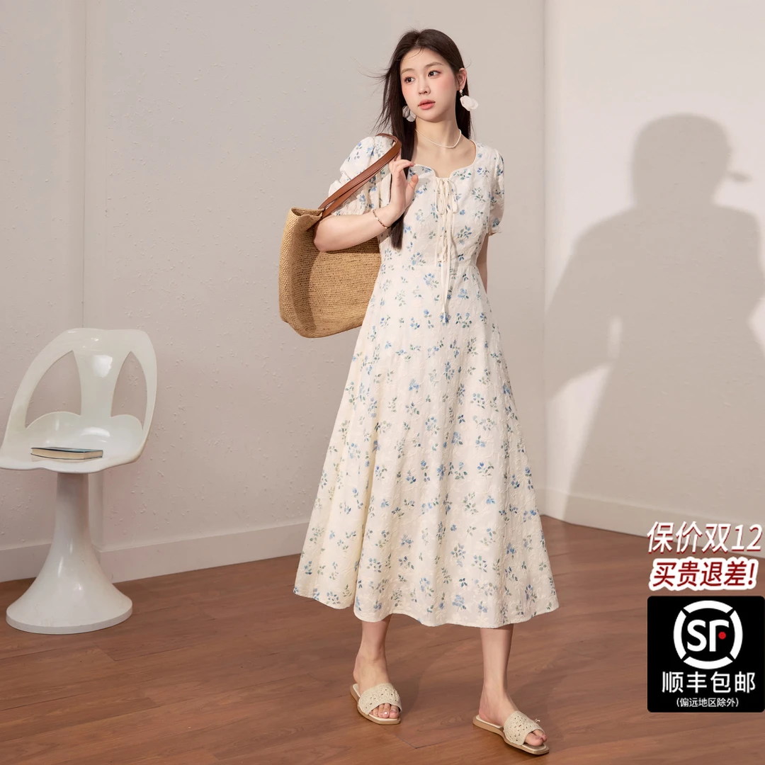 蓝语大码女装漂亮绝美泡泡袖遮肉碎花裙2025夏季掐腰巨显瘦连衣裙