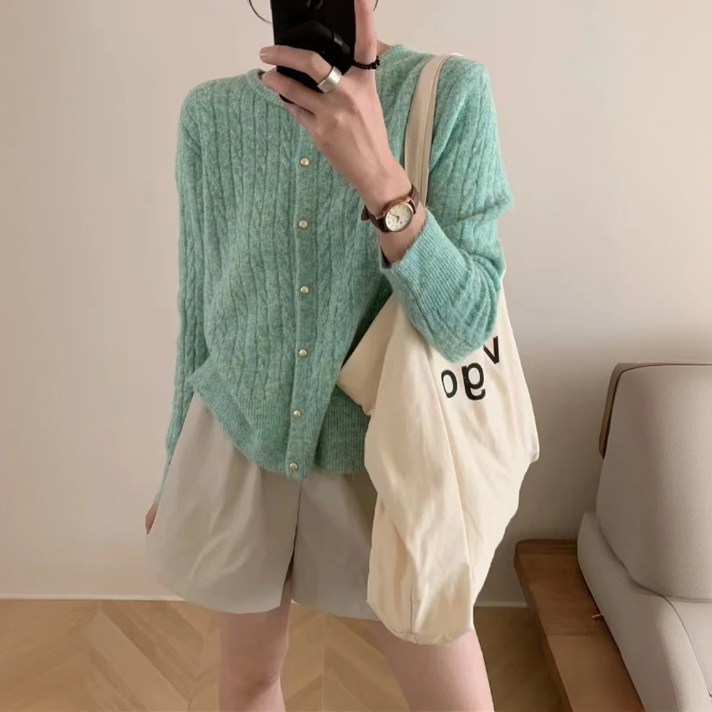 韩版竖条纹修身显瘦针织衫长袖v领单排扣开衫
