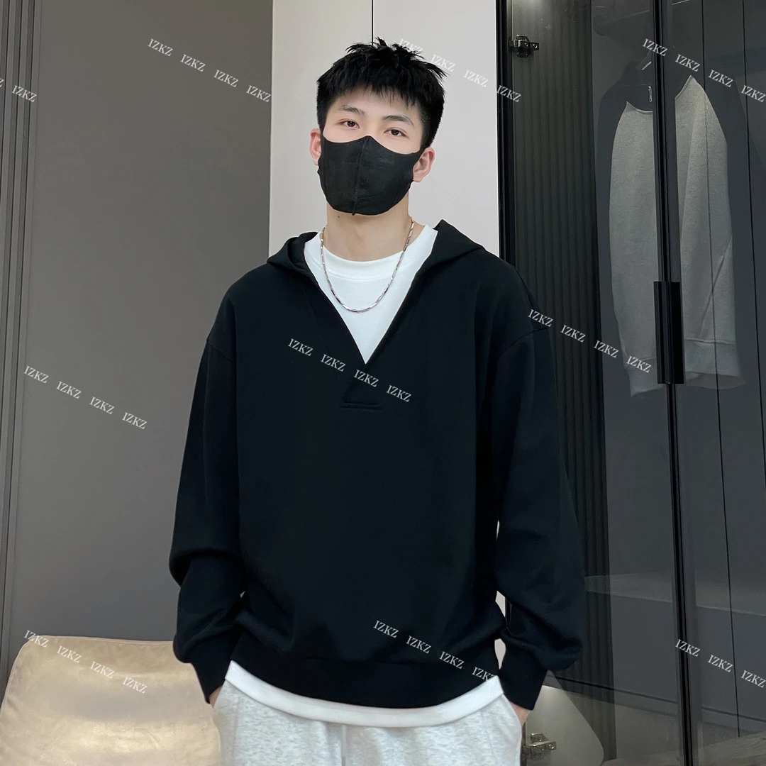 【春季新品】假两件设计套头长袖V领连帽卫衣男女同款休闲宽松百搭