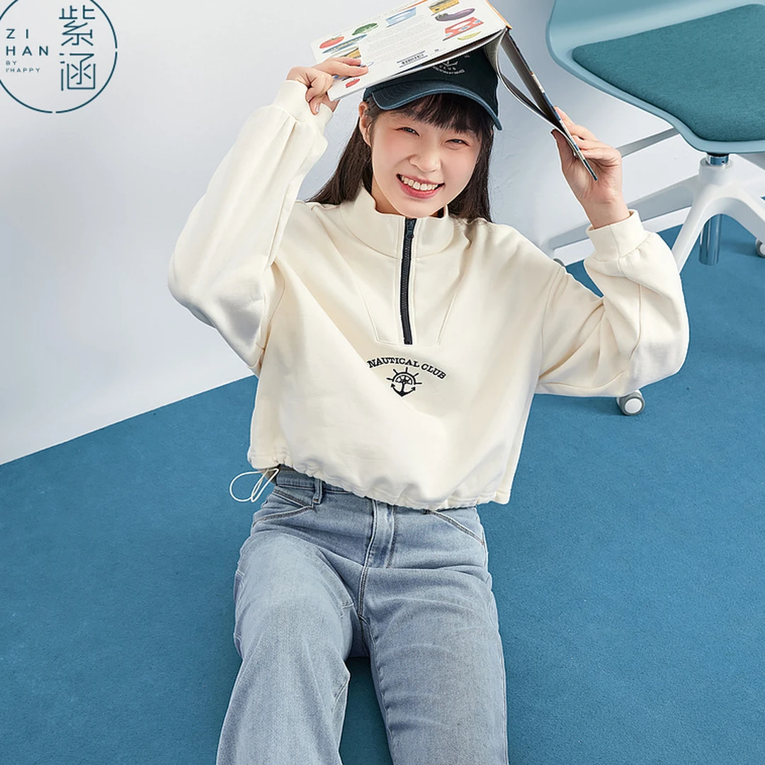 紫涵落肩袖polo领卫衣拉链立领个性小众时尚上衣Z3Z01BS229