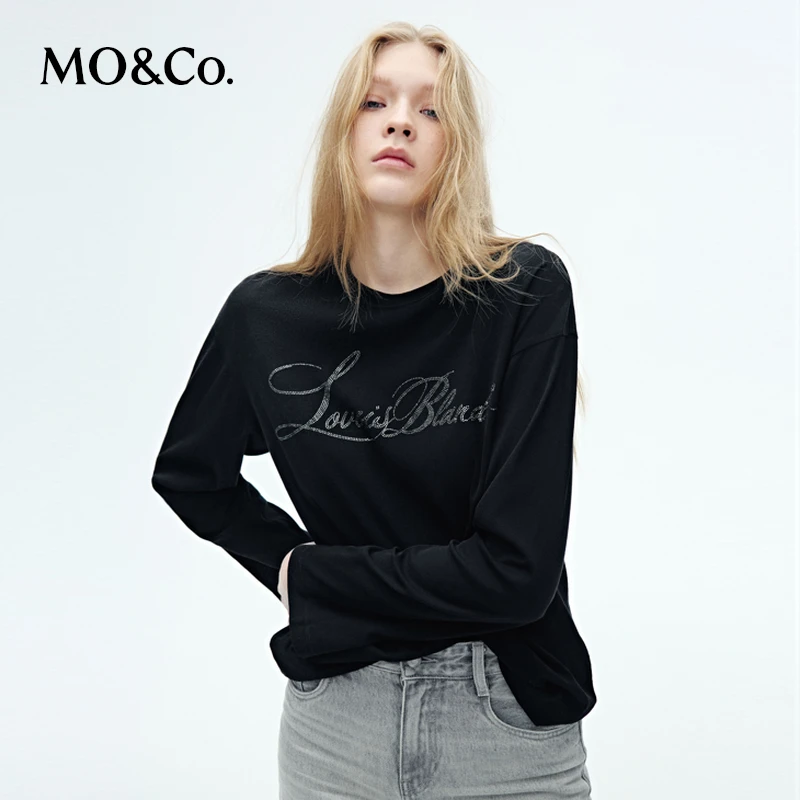 MOCO长袖T恤2025春新品棉质烫钻圆领宽松落肩打底白色MBE1TEET10