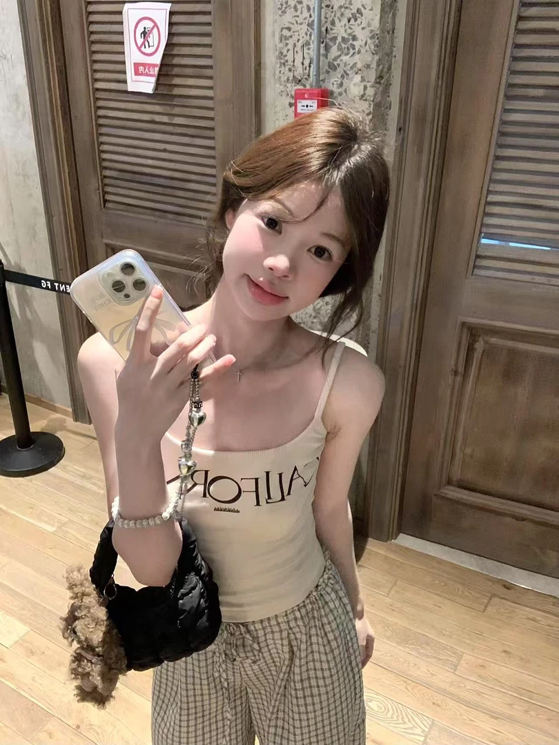 2025春夏新款韩系简约显瘦吊带背心高腰百搭减龄复古格纹休闲裤