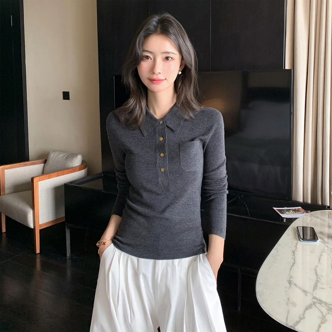 德国160s扬子纱精纺Polo领羊毛衫女秋冬上衣内搭打底针织毛衣