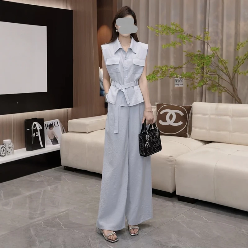 休闲风简约无袖衬衫减龄套装女2025夏季时尚穿搭显瘦阔腿裤两件套