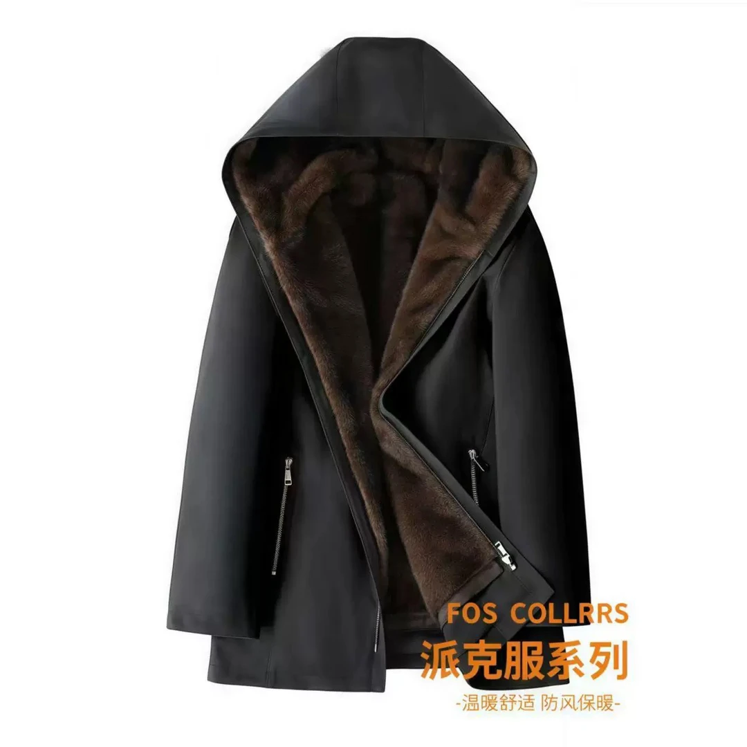 男款派克服外套加绒加厚冬季加毛可脱卸内胆连帽中长款