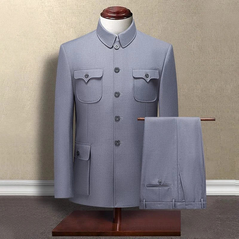 高档老式中山装男款中老年老牌子中山服爸爸装浅灰色春秋冬季套装
